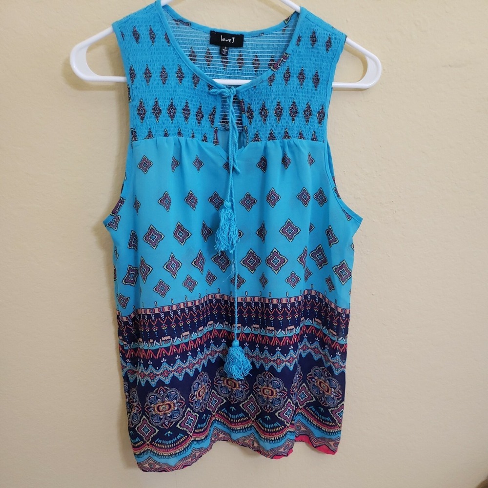 Love J Womens Small Turquoise Blue Boho Smocked‎ Tassel Sleeveless Blouse Top